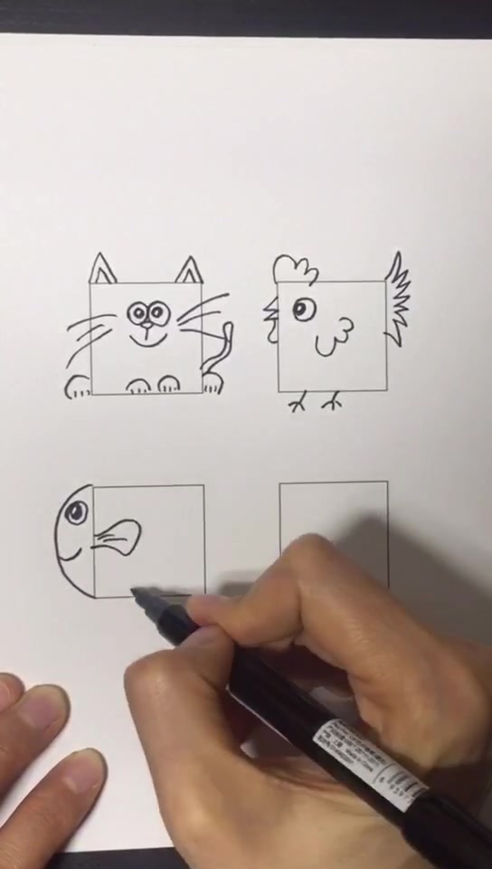 正方形上画出可爱猫咪、小公鸡、小狗狗,简单易上手的简笔画