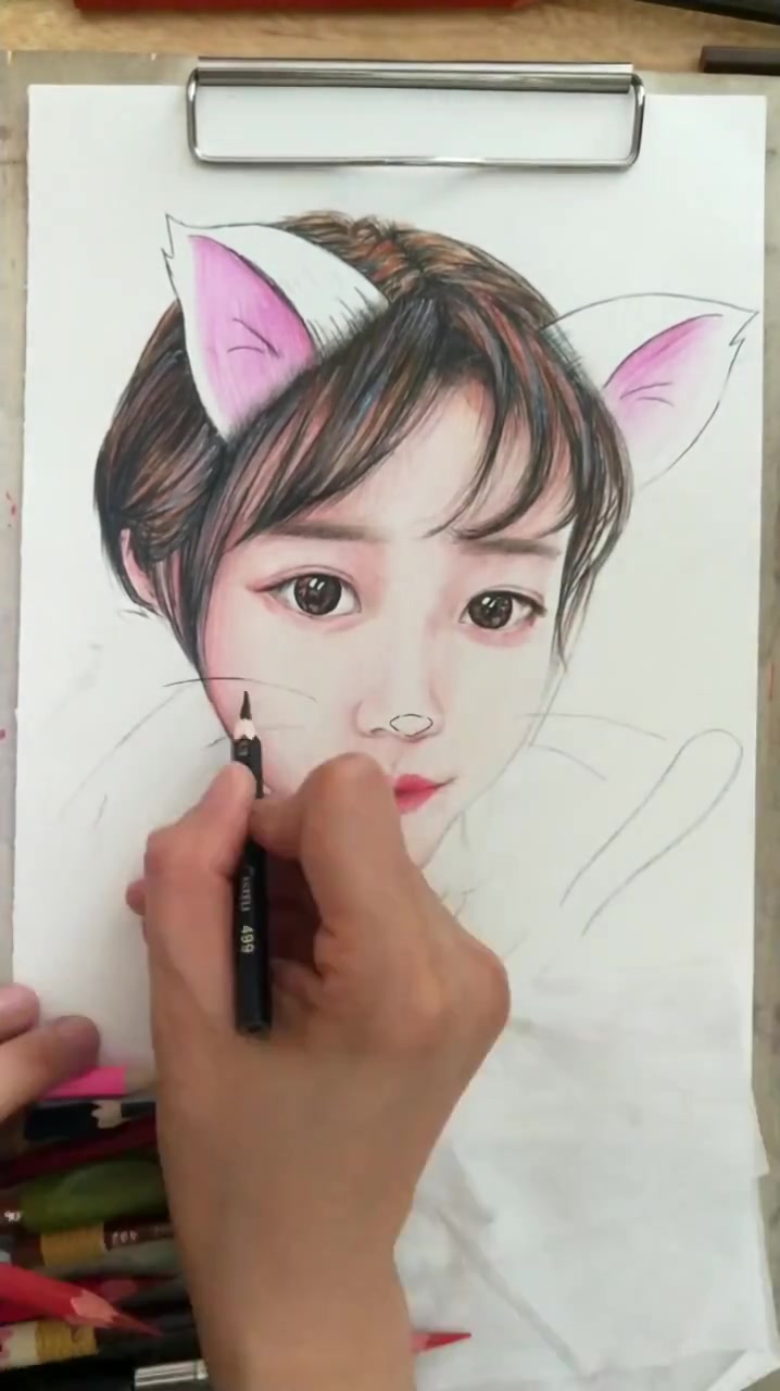 素描教学:彩铅素描绘画大眼美女!这画面美到我了!