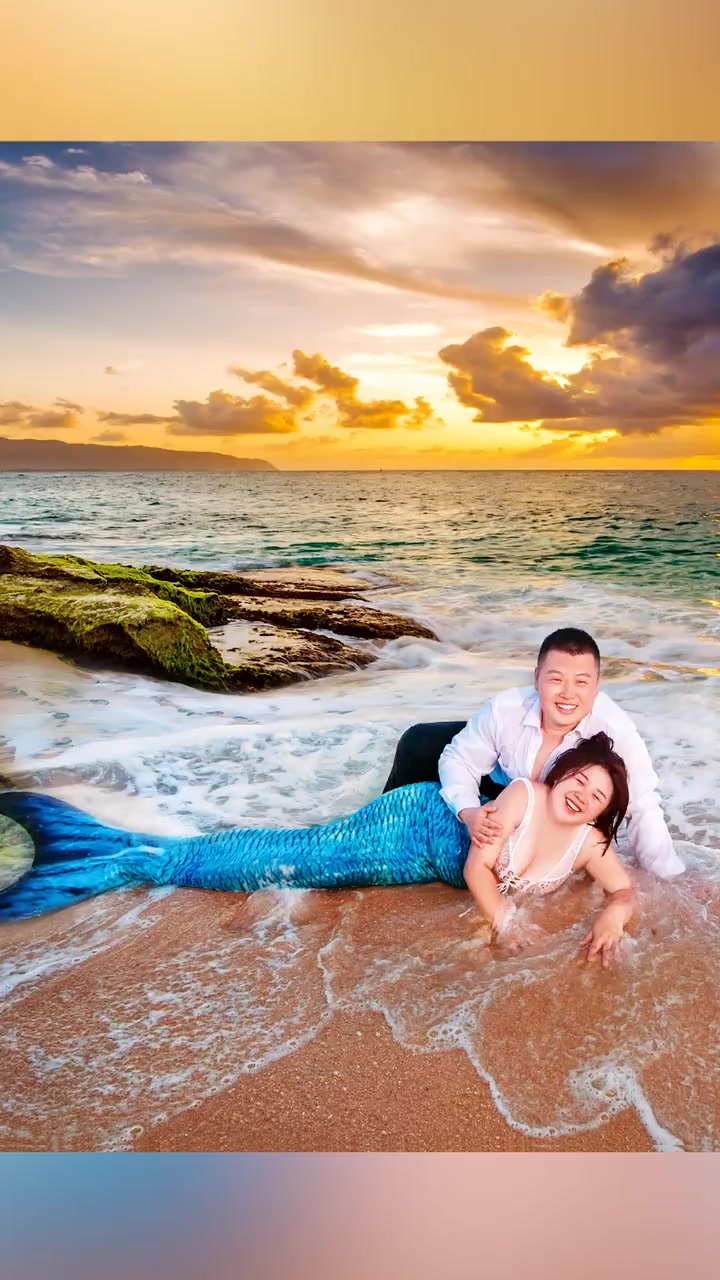 小情侣海边拍美人鱼婚纱照,成片美到超乎想象,差点把P图师累死
