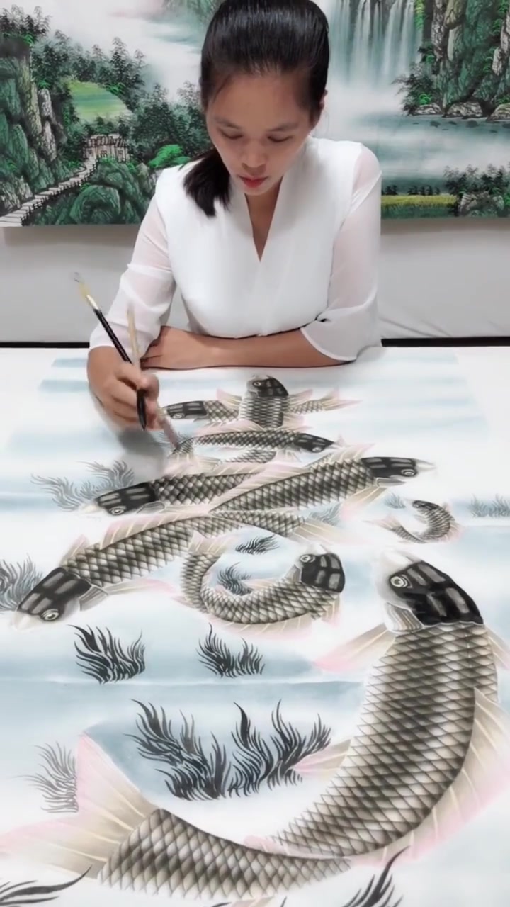 大神画画,画出来的鲤鱼图案,越来越逼真!