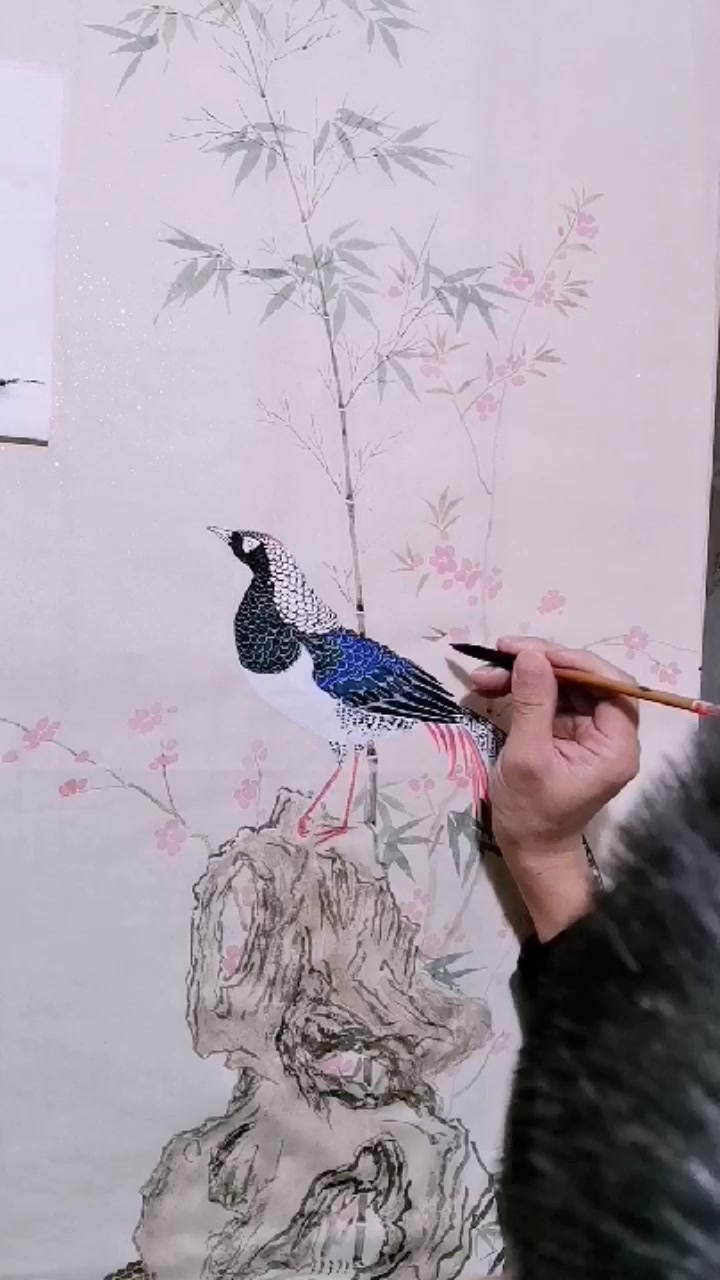 国画白腹锦鸡桃竹图绘画视频