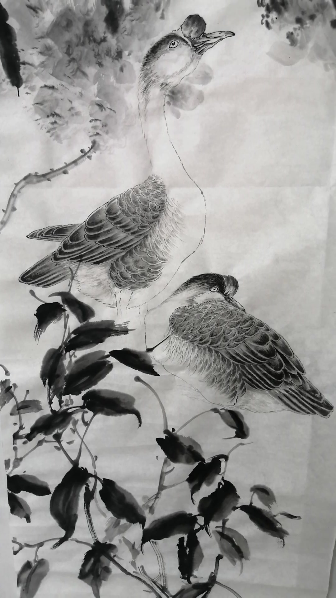 教你如何画水墨情趣的作品 生宣纸工笔格调大鹅 静伟国画教你技法