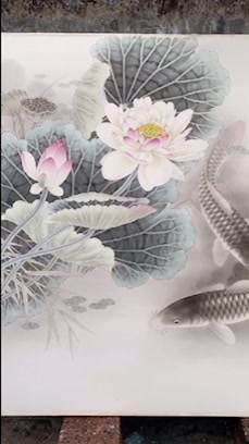 工笔鲤鱼,工笔荷花鲤鱼,纸本设色,四尺斗方,李杰武工笔画。