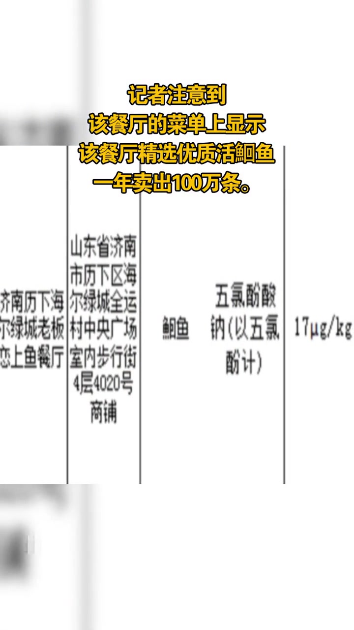 济南 一餐厅鮰鱼被检出兽药!门店:宣称一年卖出100万条鮰鱼