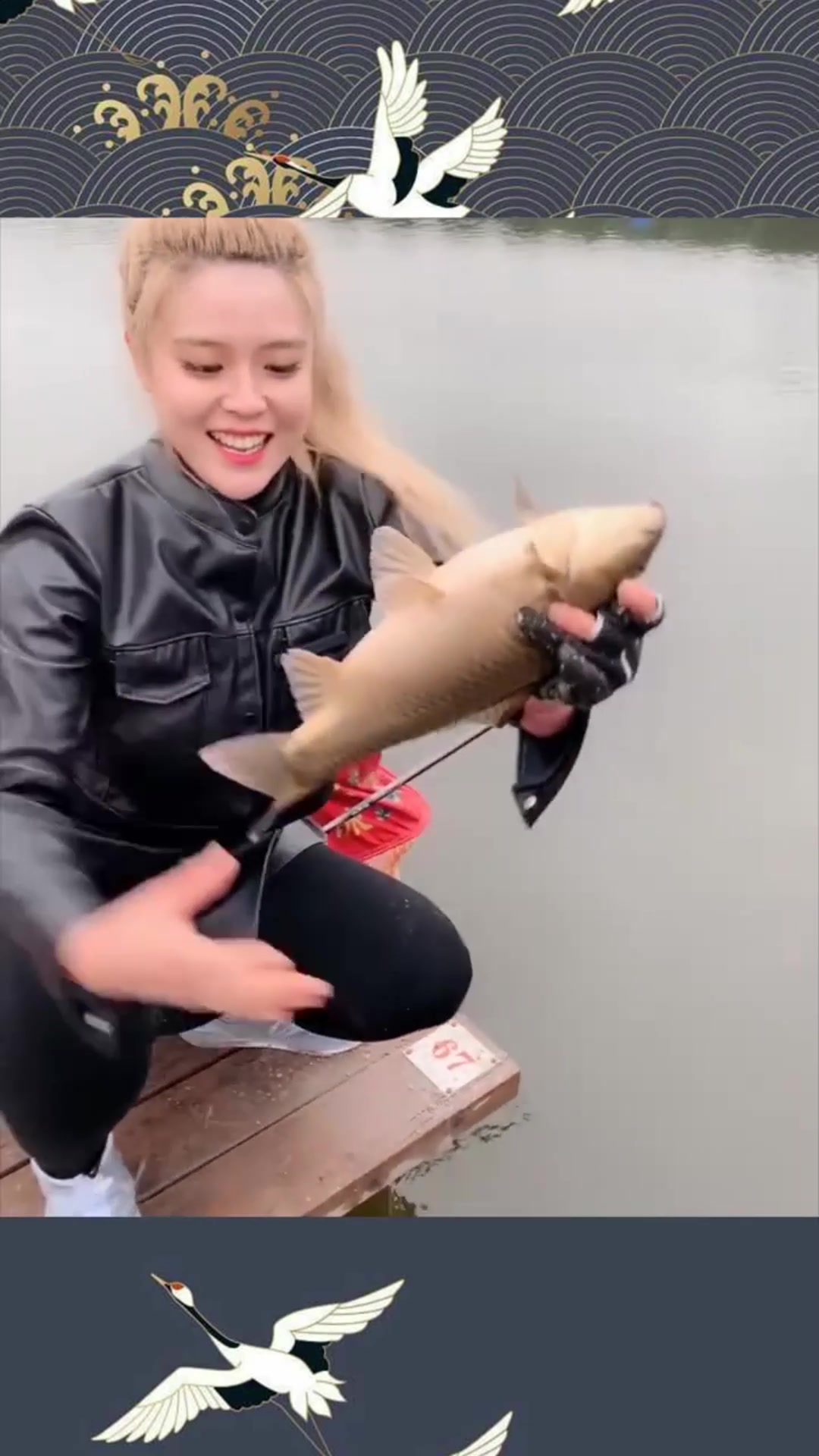 美女钓鱼遇到狗屎运,钓到了个鲤鱼和鲫鱼的杂交品,属实不便宜!