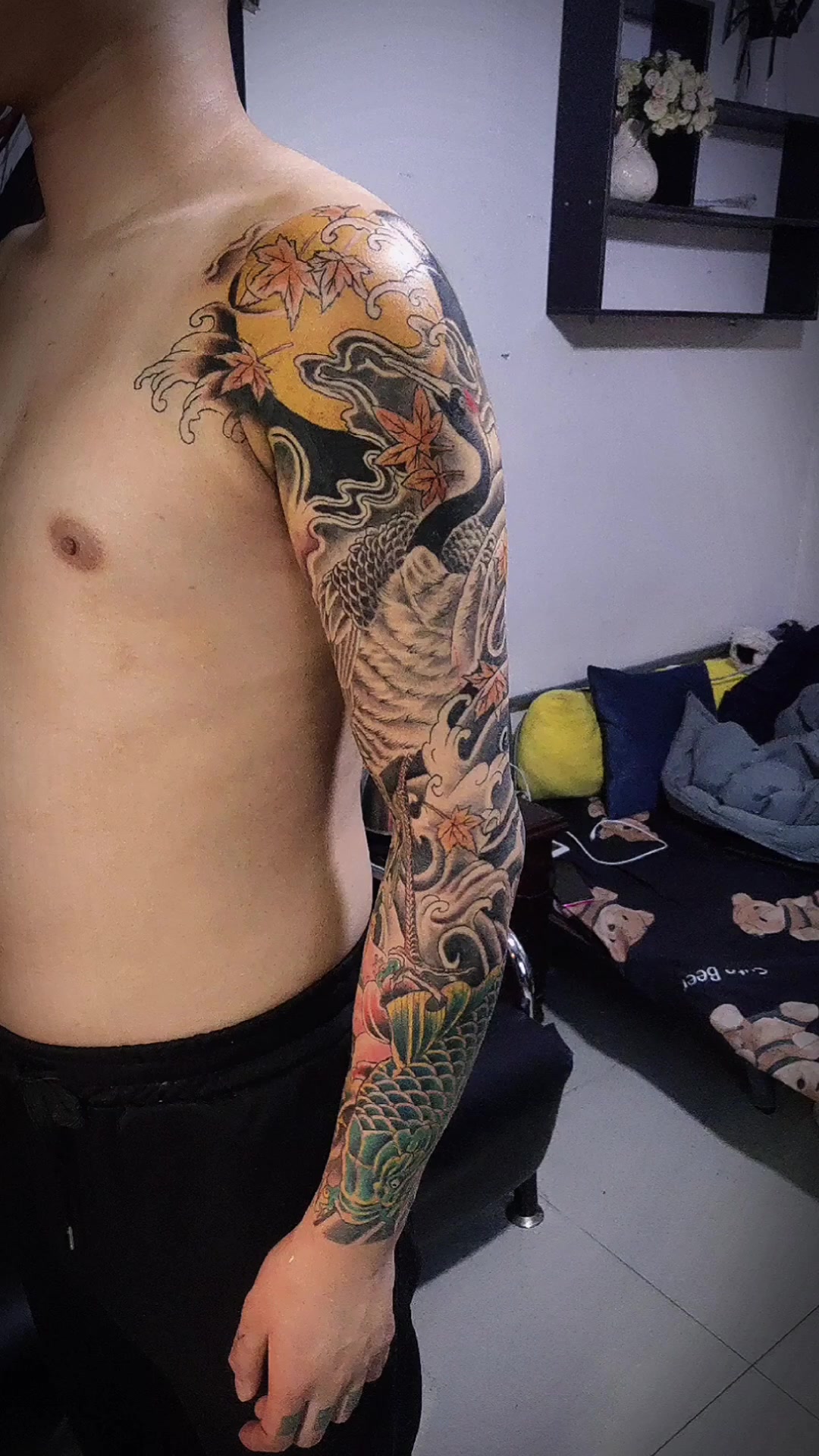 仙鹤配鲤鱼,新传统花臂完成,耗时20h