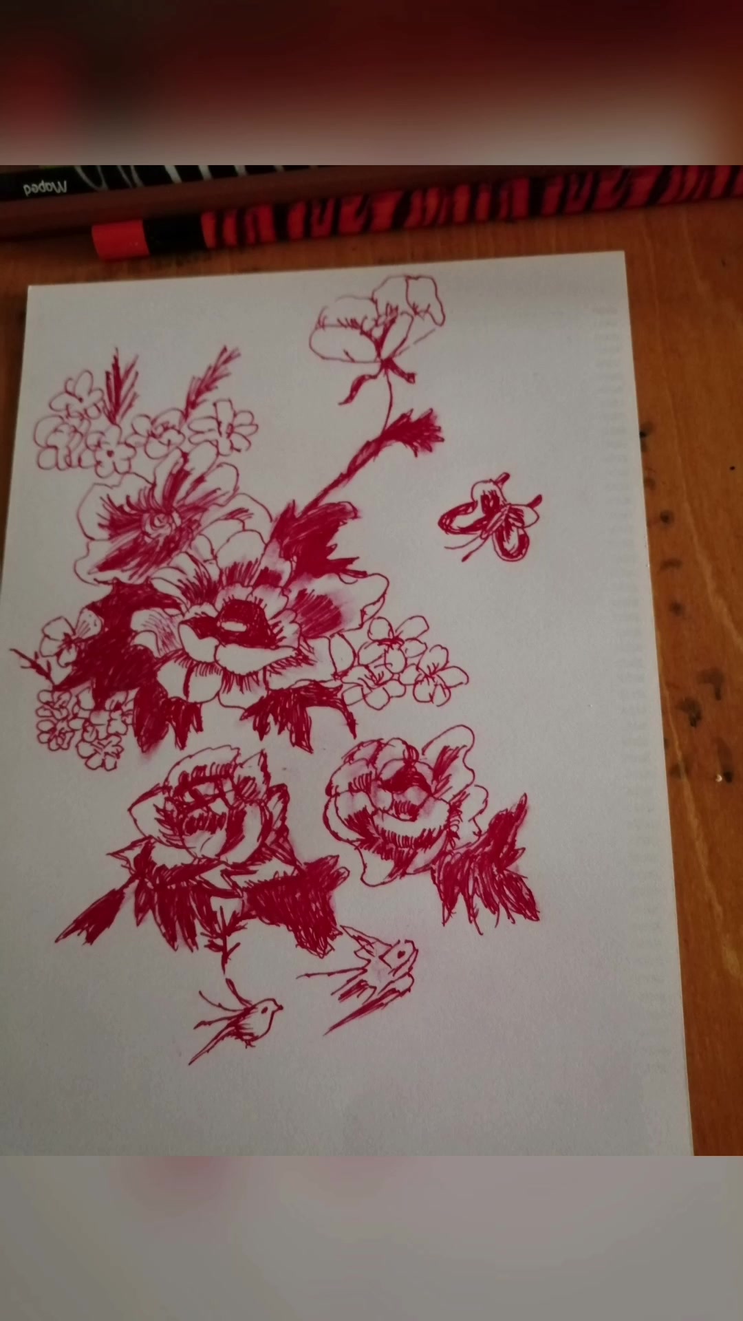 圆珠笔素描画牡丹花