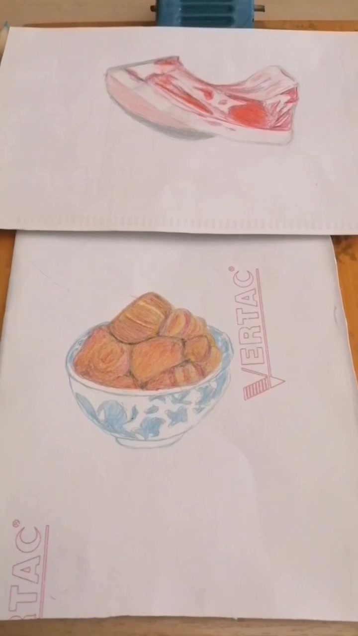 彩铅画了一碗红烧肉