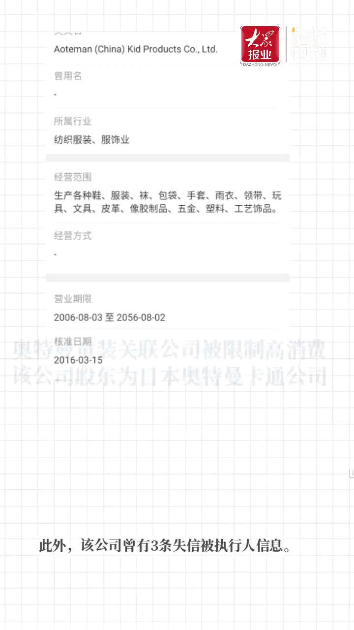 奥特曼童装关联公司被限制高消费 其股东为日本奥特曼卡通公司