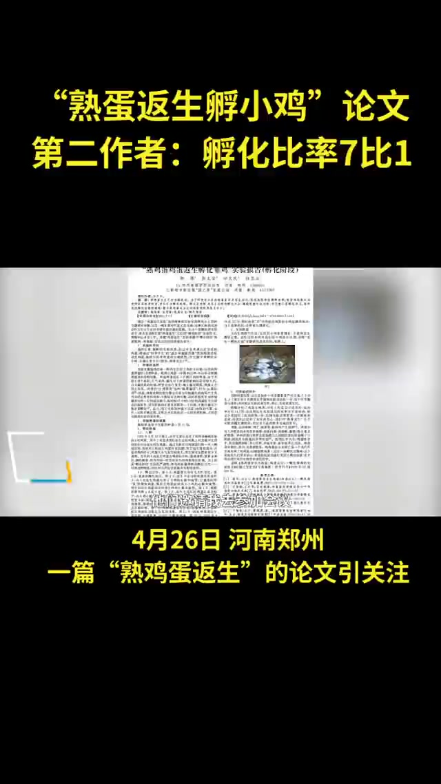 “熟蛋返生孵小鸡”论文第二作者:孵化比率7比1