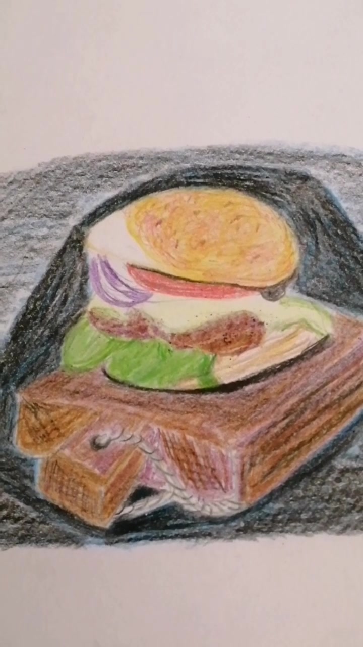 彩铅素描画静物汉堡王和菜板