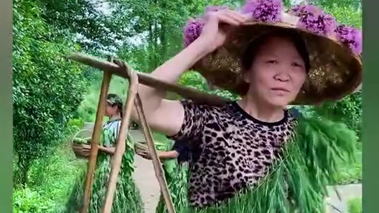 【农村大妈抱自家蔬菜走秀 脸上全是丰收的骄傲】湖南辰溪。农村里一群大姐自导自演了一场自制蔬
