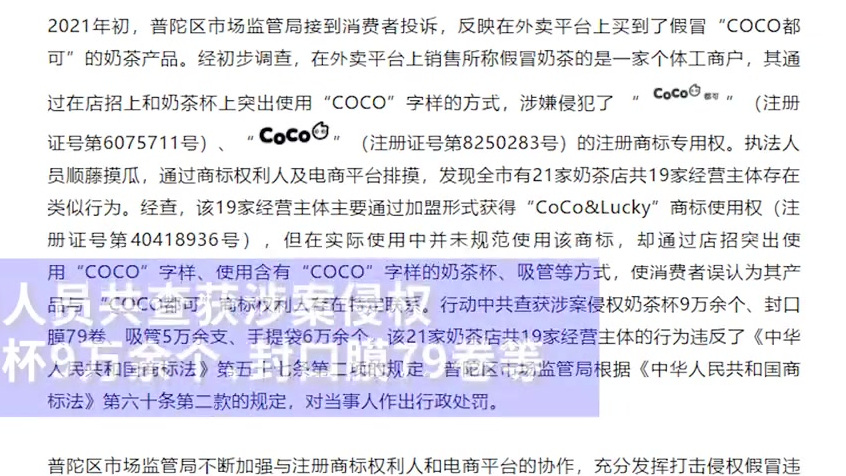 【上海查处21家假CoCo奶茶店】在外卖平台销售假冒奶茶,在店招和奶茶杯上突出使用“CoC