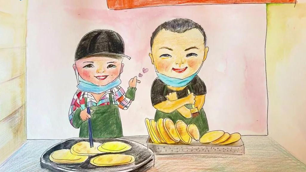#寻美中国# 【8岁男孩为街边卖早餐夫妇画画:谢谢你做出好吃的菜】山东青岛,褚女士与8岁儿