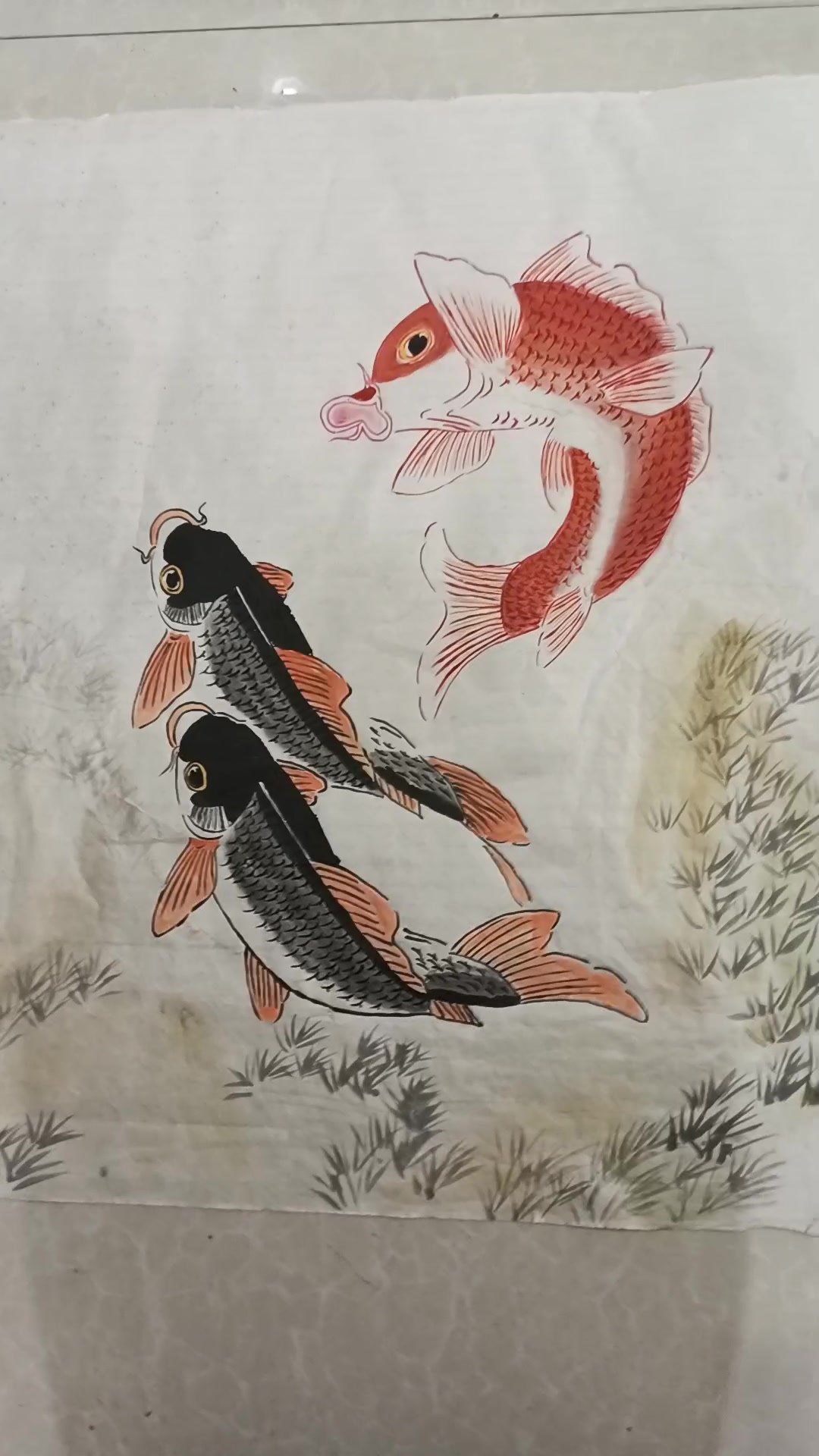 迟明国画鲤鱼图3条鱼