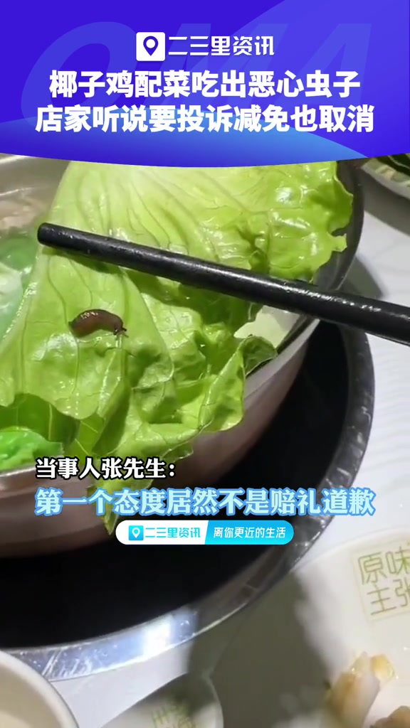 深圳原味主张椰子鸡西乡宝立方店,椰子鸡配菜竟吃出恶心虫子,店家听说要投诉减免也取消 消费者
