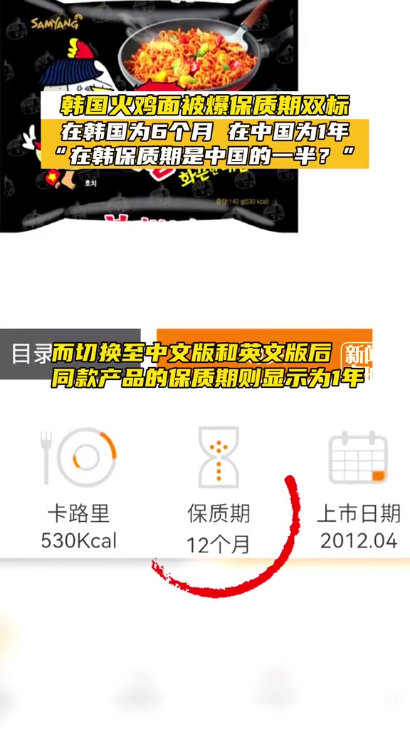 韩国火鸡面被曝保质期双标!在韩国为6个月,在中国为1年?