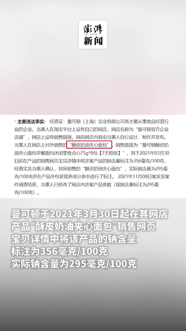 面包实际钠含量与标注不符,曼可顿因虚假宣传被罚1万元