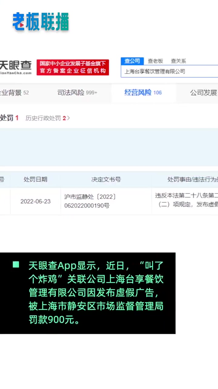 「叫了个炸鸡广告虚构销量被罚」叫了个炸鸡发布虚假广告被罚  据天眼查App显示,近日,“叫