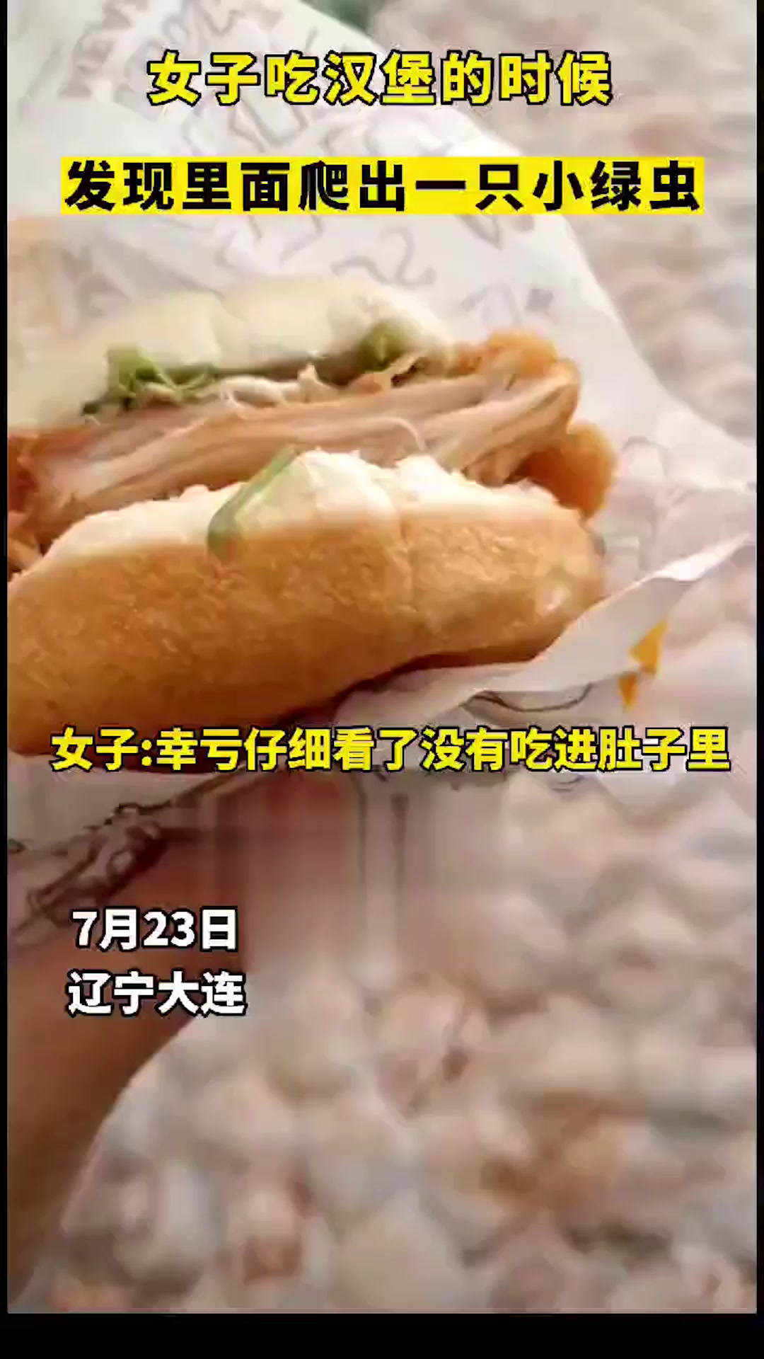 女子吃汉堡的时候,发现里面爬出了一只小绿虫