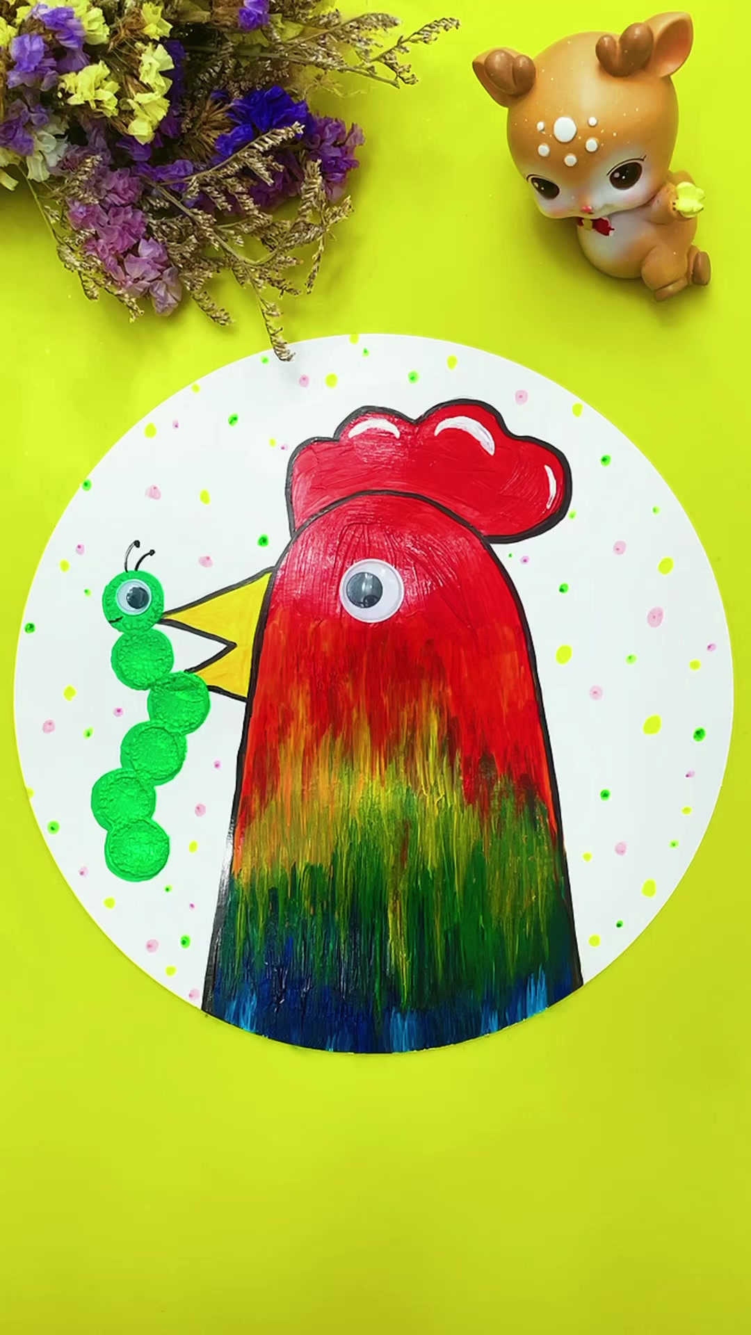 儿童画:大公鸡吃虫子