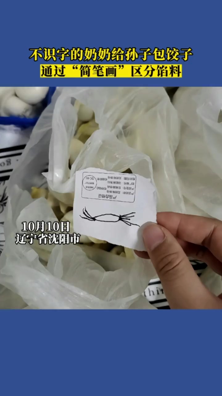 不识字的奶奶给孙子包饺子,通过“简笔画”区分馅料