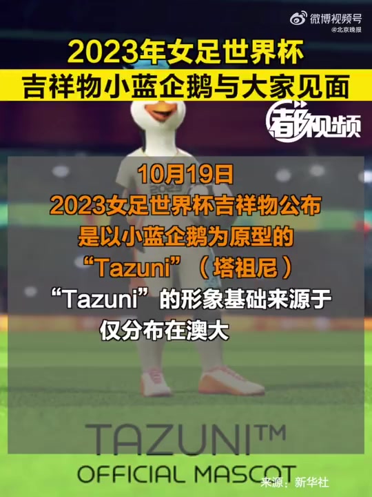 「2023年女足世界杯吉祥物小蓝企鹅」19日,2023女足世界杯吉祥物公布,是以小蓝企鹅为