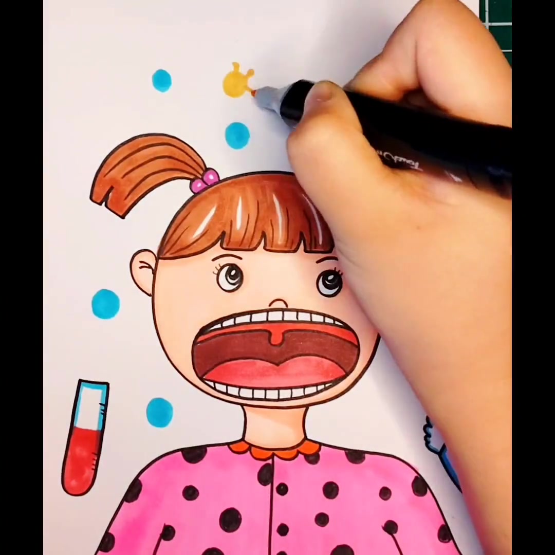 《做核酸》儿童画,张大嘴巴做核酸了 #儿童画  #简笔画  #创意美术  #疫情防控  #