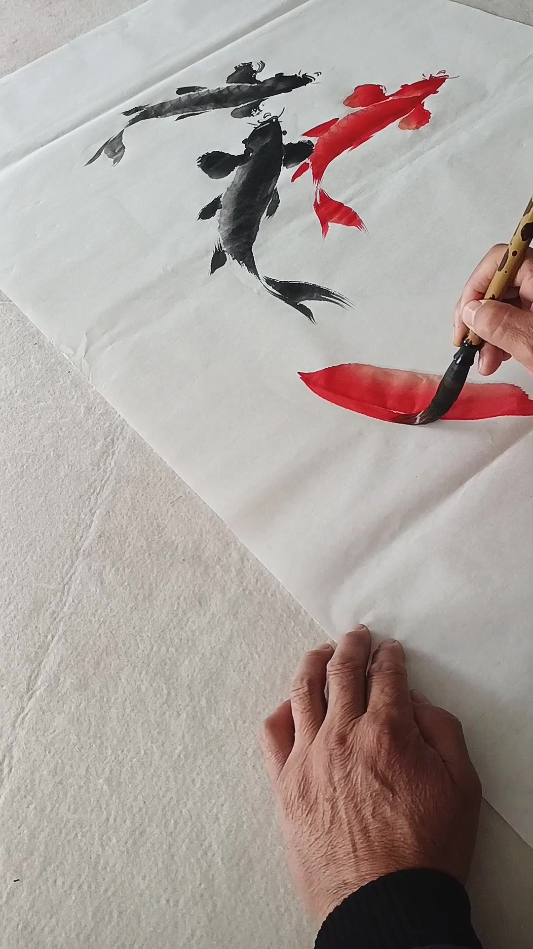 国画彩墨鲤鱼作品:六顺图绘画过程