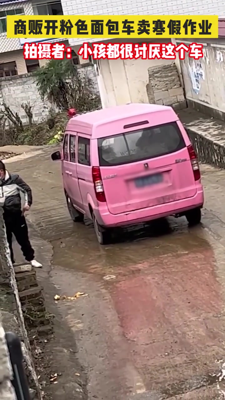 1月5日贵州毕节,商贩开粉色面包车进村卖寒假作业,拍摄者:小孩都很讨厌这个车
