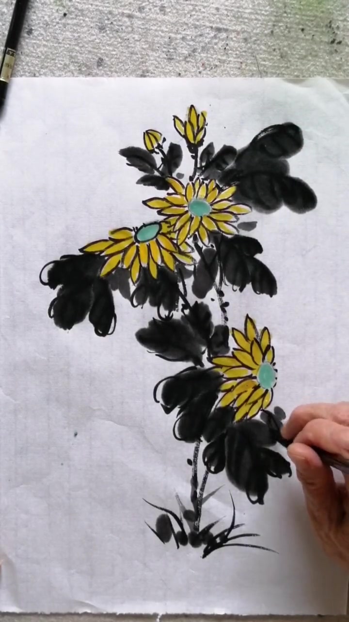 第25集|国画菊花的茎和叶子的画法 菊花的画法 国画花鸟