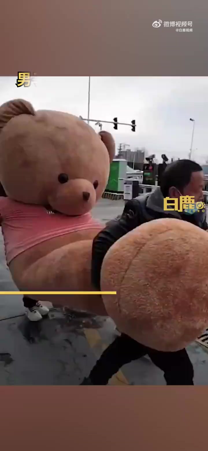 「男子套到3米大熊玩偶4人轮流抬回家」1月15日,河南郑州。岳女士和丈夫在商场套圈套到一个