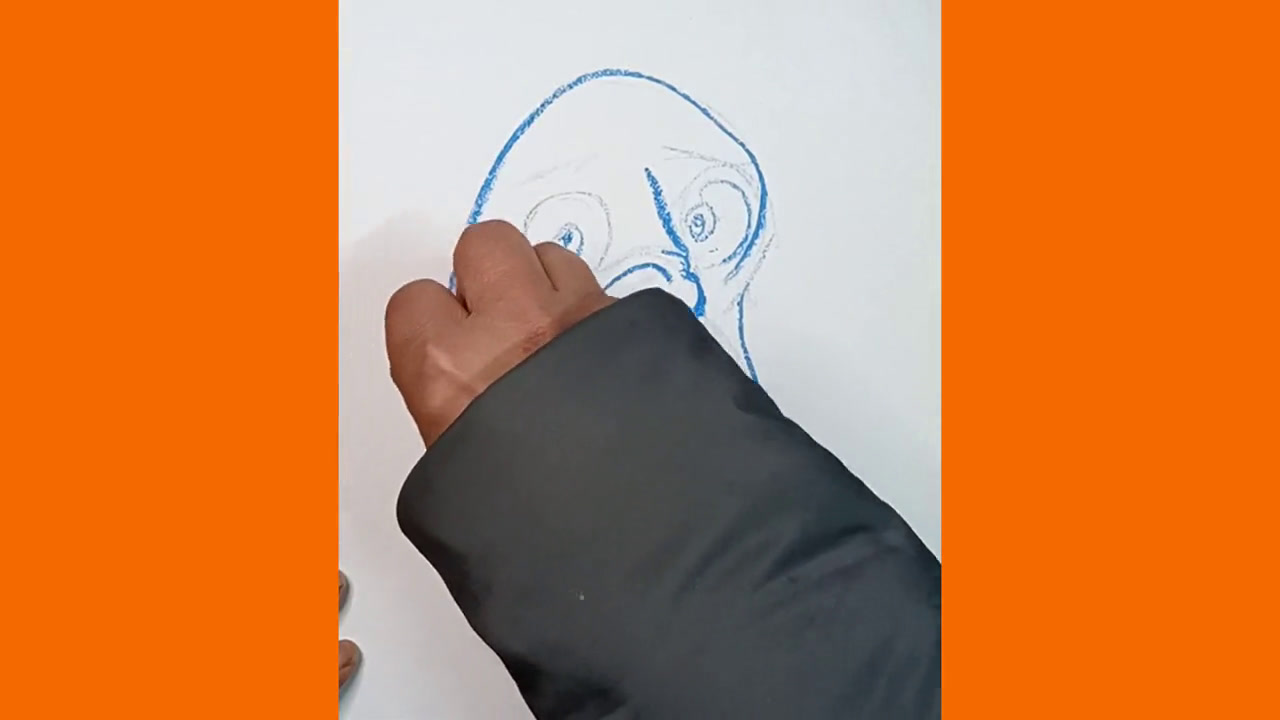 用蓝色油画棒画一个漫画人物头像 快速画手绘头像#画画