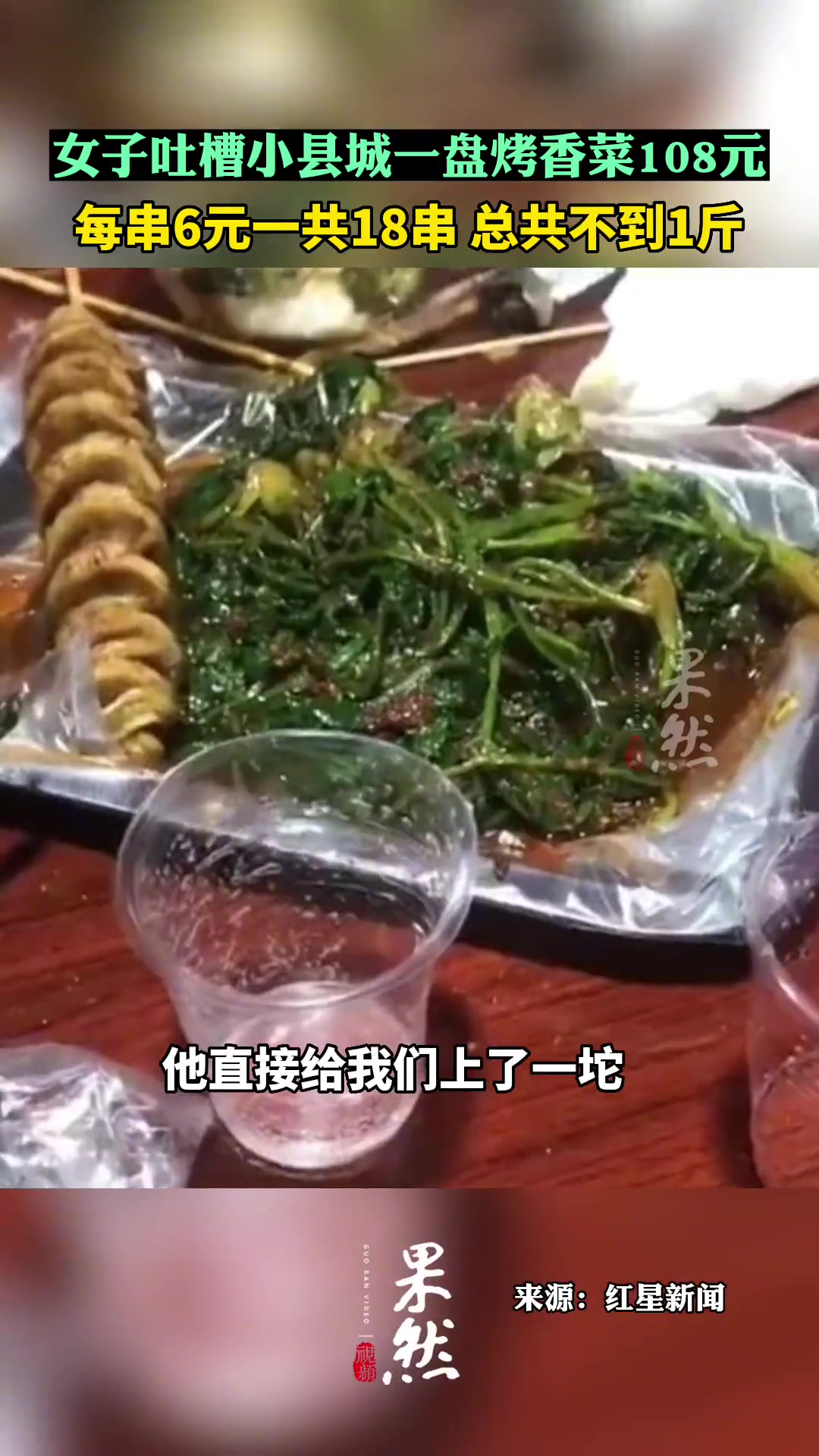 女子称小县城一盘烤香菜108元,每串6元 总共18串!