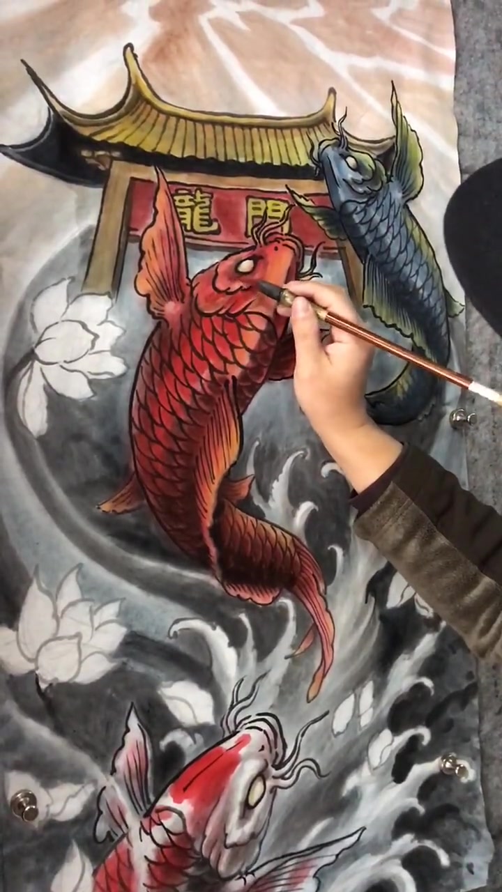 原创作品鲤鱼跳龙门开始上色了