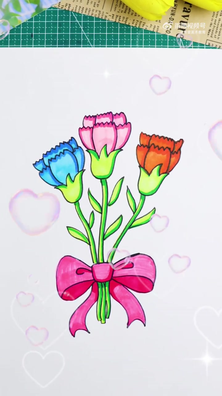 女神节快到了,今天教大家画简单的康乃馨,祝大家女神节快乐!绘画教程 零基础学画画 少儿美术