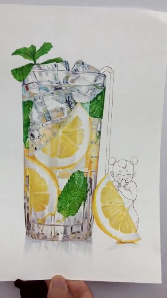 马克笔彩铅插画 柠檬茶柠檬水 凉快凉快一下