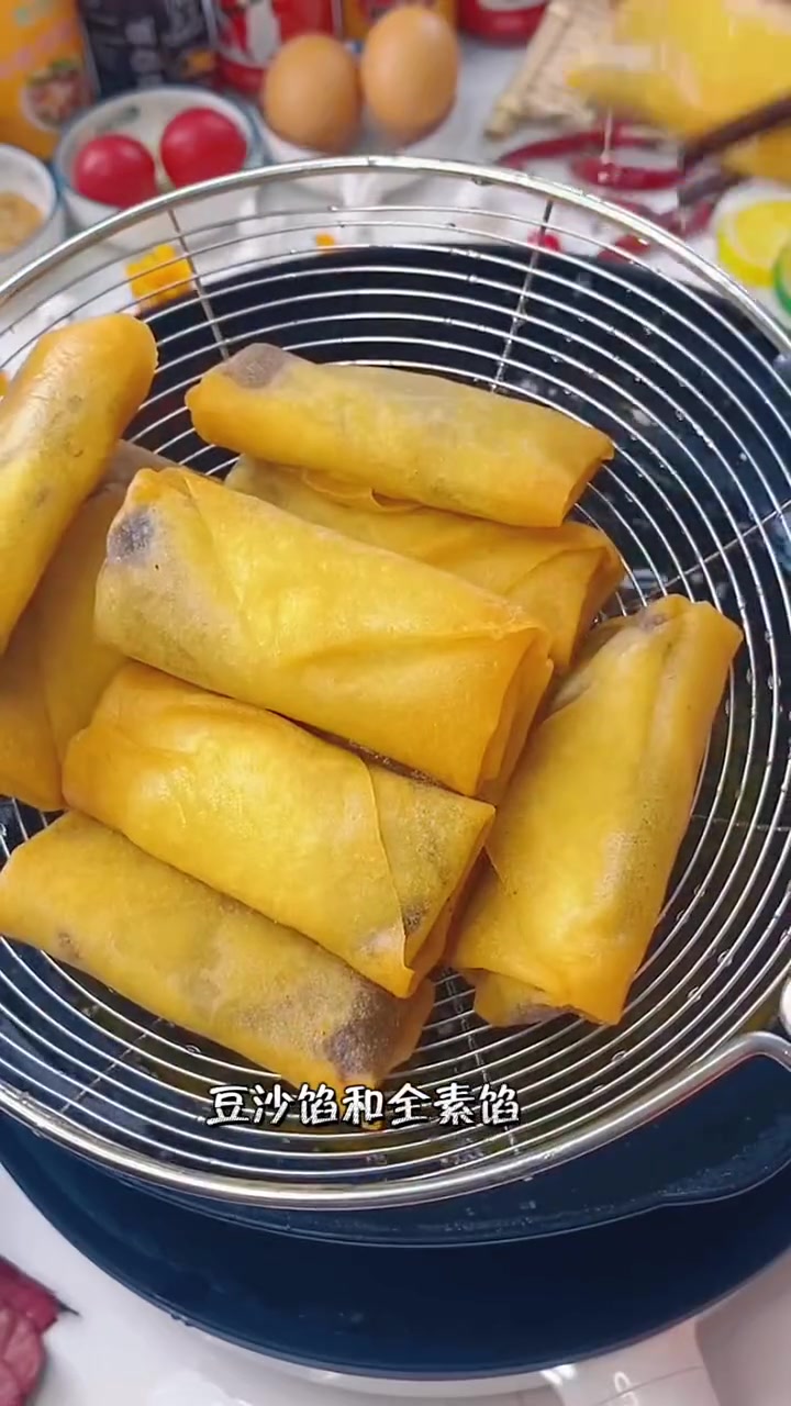 老妈寄过来的半成品春卷,放空气炸锅里和油炸的一样好吃!春卷 豆沙春卷 素春卷