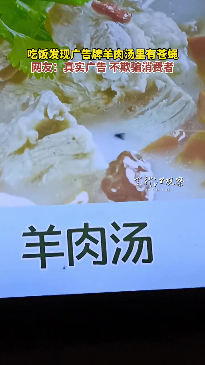 吃饭发现广告牌羊肉汤里有苍蝇 网友:真实广告 不欺骗消费者