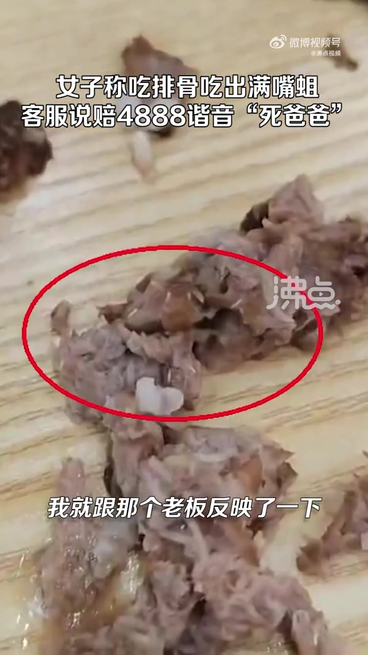 「女子称吃黄焖排骨发现满嘴是蛆:客服提出赔偿4888 怀疑谐音“死爸爸”」4月14日,安徽
