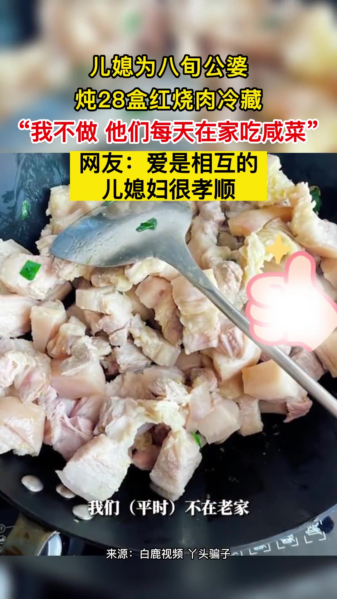 儿媳为八旬公婆炖28盒红烧肉冷藏,“我不做 他们每天在家吃咸菜” 网友:爱是相互的 儿媳妇
