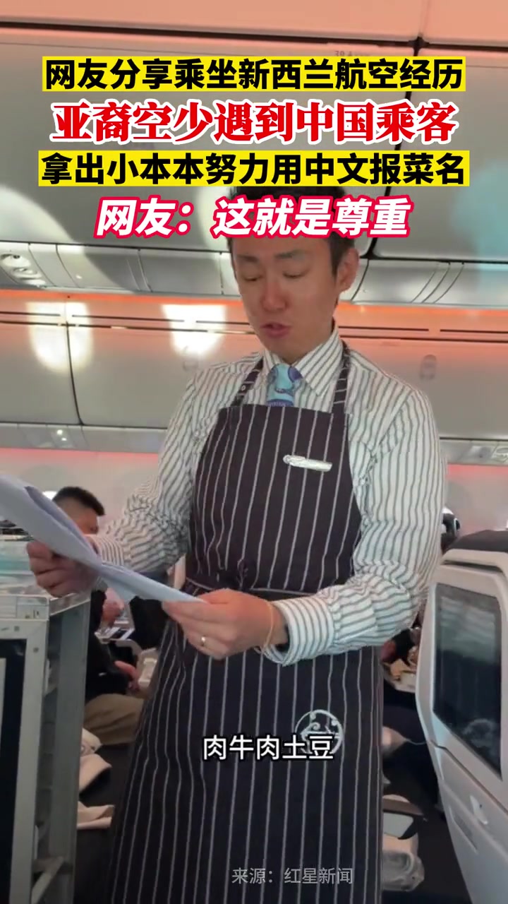 网友分享乘坐新西兰航空经历:亚裔空少遇到中国乘客,努力用中文报菜名
