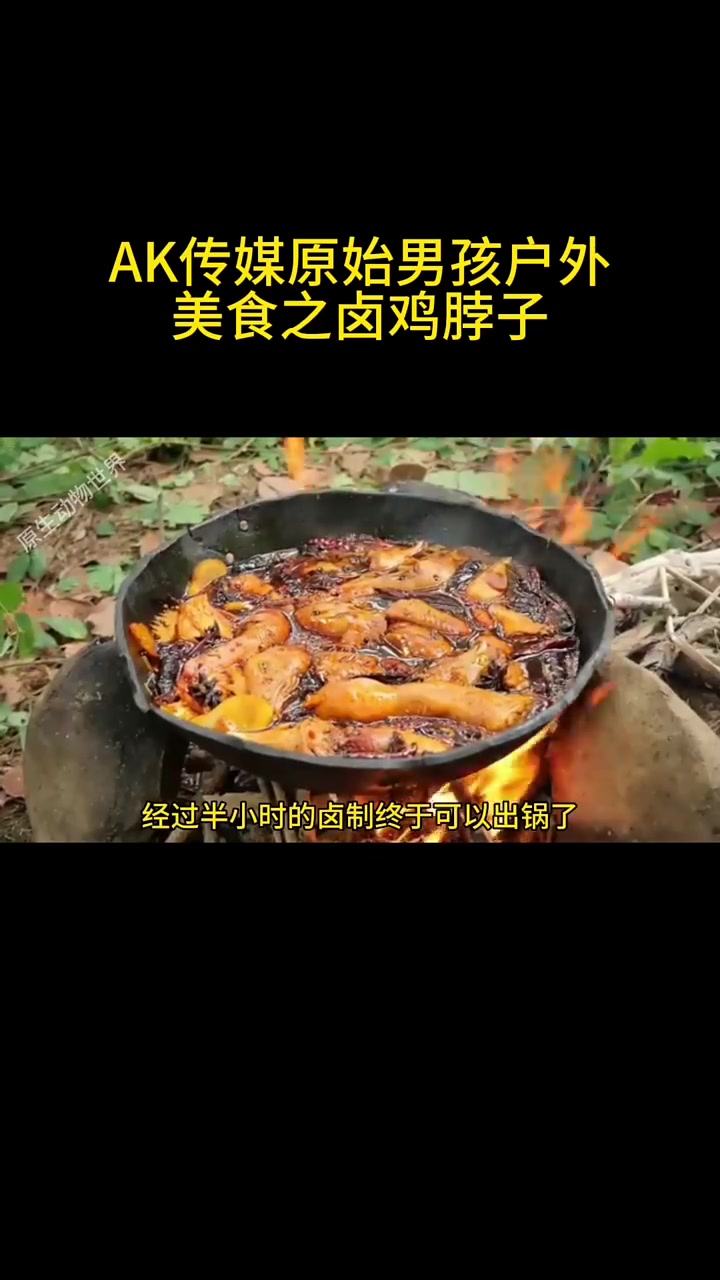 原始男孩户外美食之卤鸡脖子野外吃美食