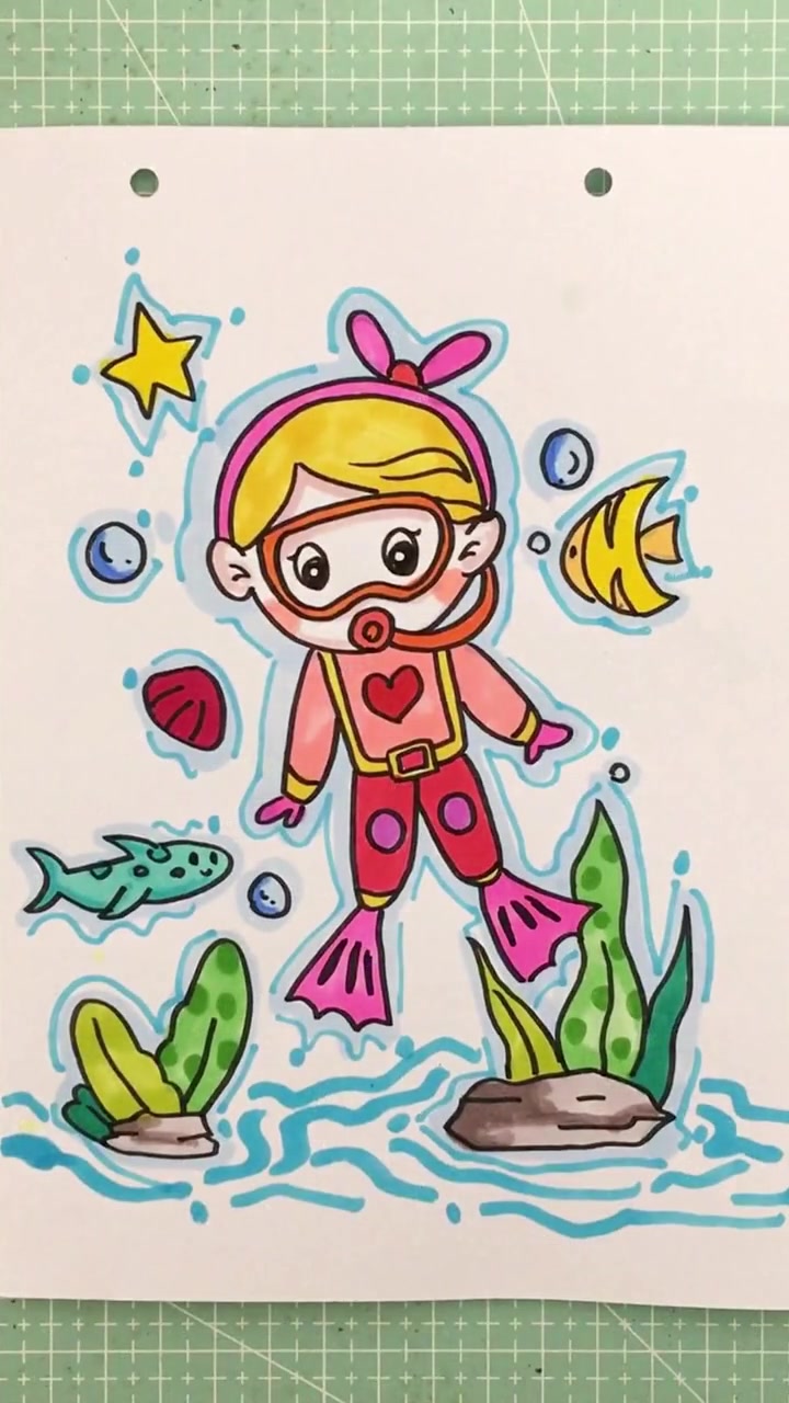 神秘的大海里有各种各样的生物,让我们一起跟潜水员探索一翻吧 一起学画画 海底世界儿童画