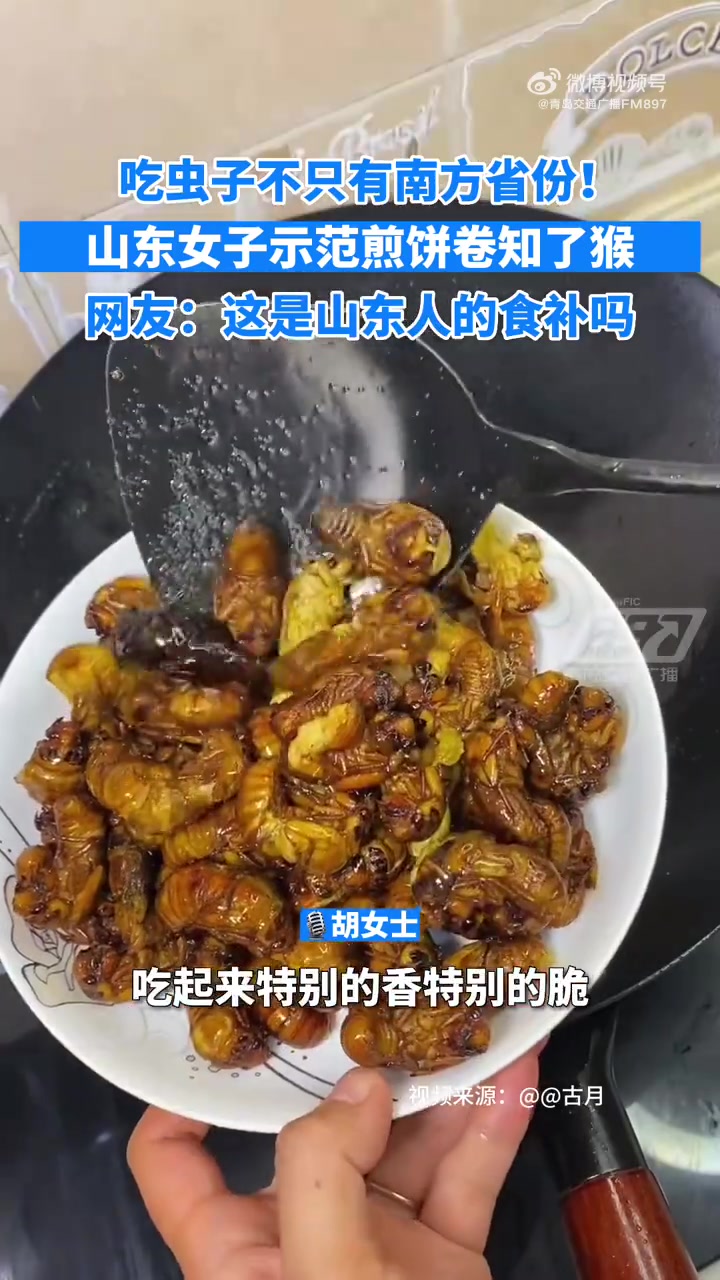 吃虫子的和不吃虫子的都沉默了「山东女子示范煎饼卷爆炒知了猴」近日,山东临沂,山东女子示范煎
