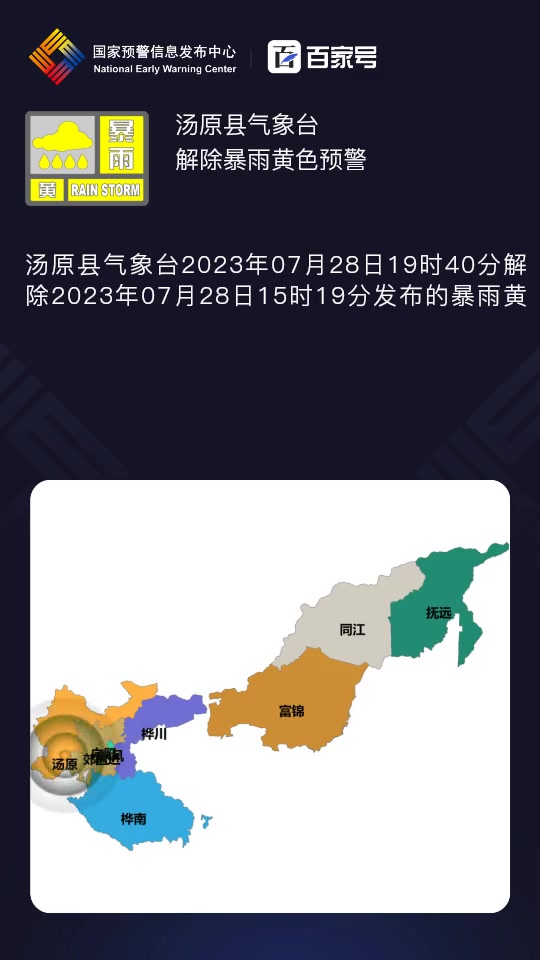 汤原县气象台解除暴雨黄色预警「III级/较重」