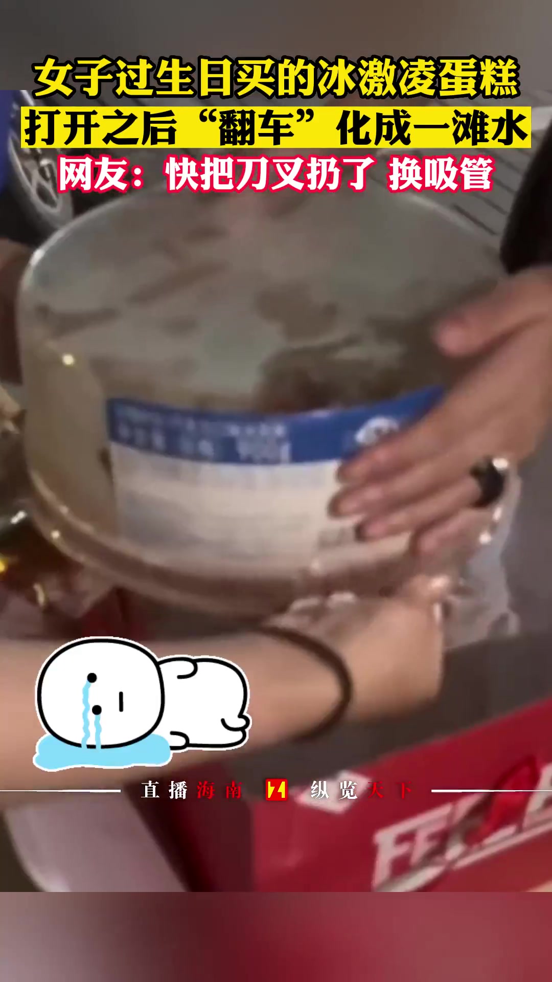 女子过生日买的冰激凌蛋糕,打开之后“翻车”化成一滩水,网友:快把刀叉扔了 换吸管(来源:刀