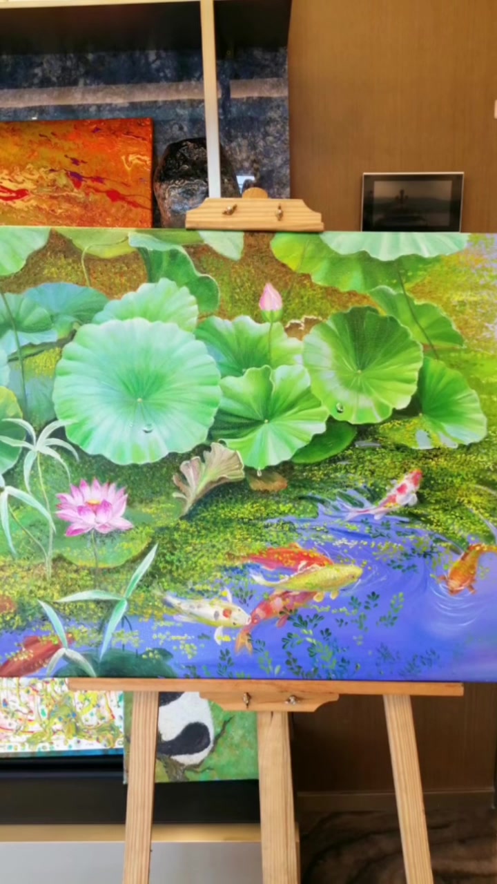 手绘油画好运连连荷花金鱼金辉画家