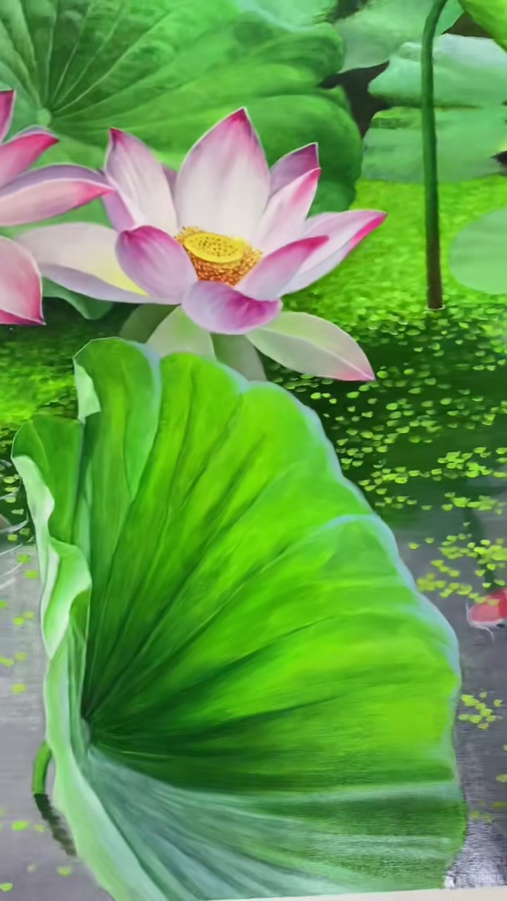 手绘油画好运连连荷花金鱼金辉画家