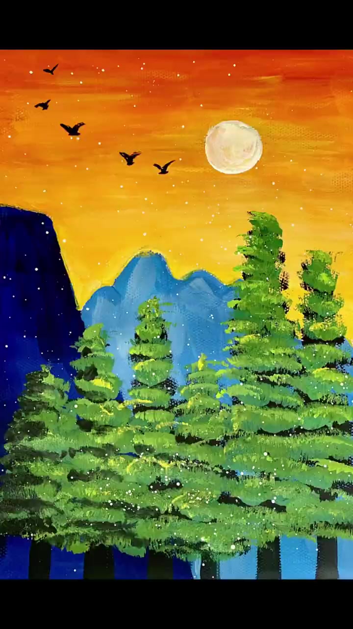 风景画 水粉画-森林美景